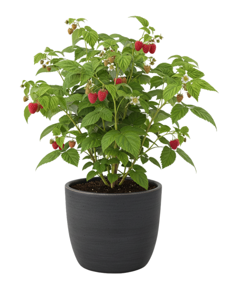 Himbeere in grauem Topf