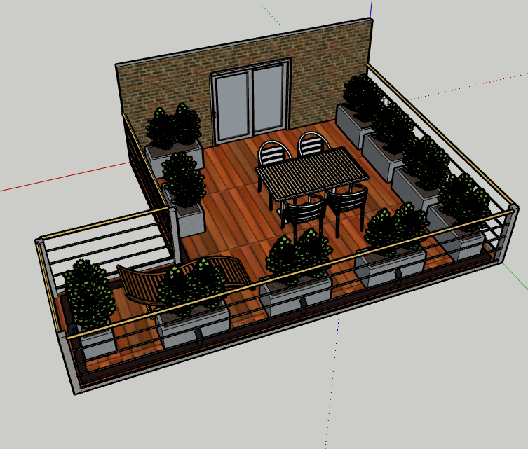 3D Modell einer begrünten Dachterrasse mit verschieden Pflanzkübeln und Pflanzen